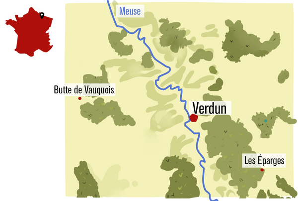 Carte présentant l’emplacement de la Butte de Vauquois, à l’ouest de Verdun, ainsi que des Éparges, au sud-est de Verdun, dans la Meuse.