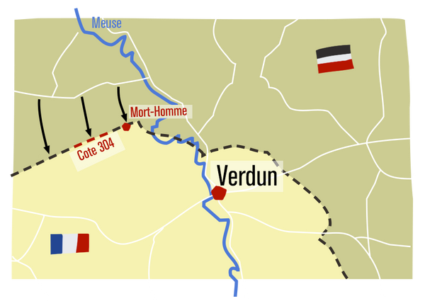 Carte présentant l’emplacement du Mort-Homme et de la Cote 304, au nord-ouest de Verdun. Les principales attaques allemandes se concentrent sur cette zone.