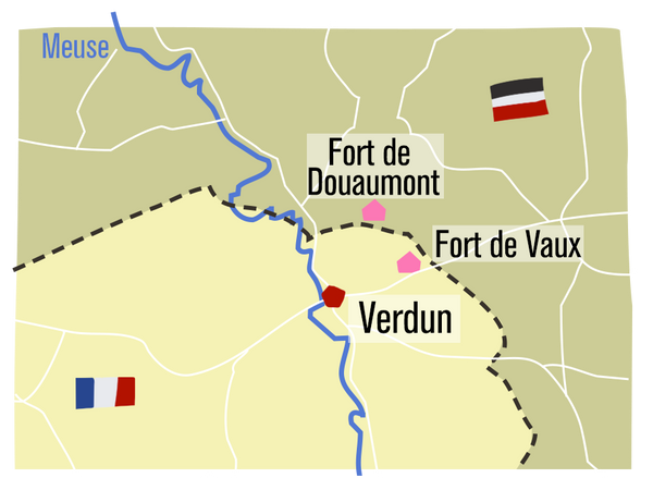 Carte reprenant la localisation du fort de Vaux, dans le camp français, et du fort de Douaumont, dans le camp allemand. Les deux forts ont des localisations stratégiques à l’est de Verdun de part et d’autre de la ligne de front.  